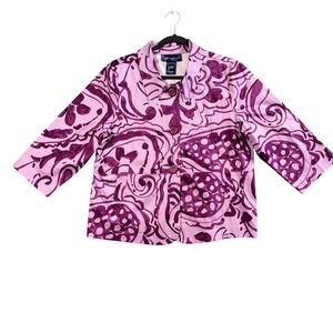 Susan Graver Style Jacket Women L Purple Paisley Cotton Blend 3/4 Sleeve Button